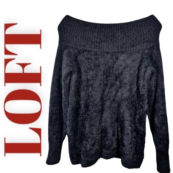 LOFT Black Fuzzy Off-The-Shoulder Sweater, Size Medium - Picture 4 of 9